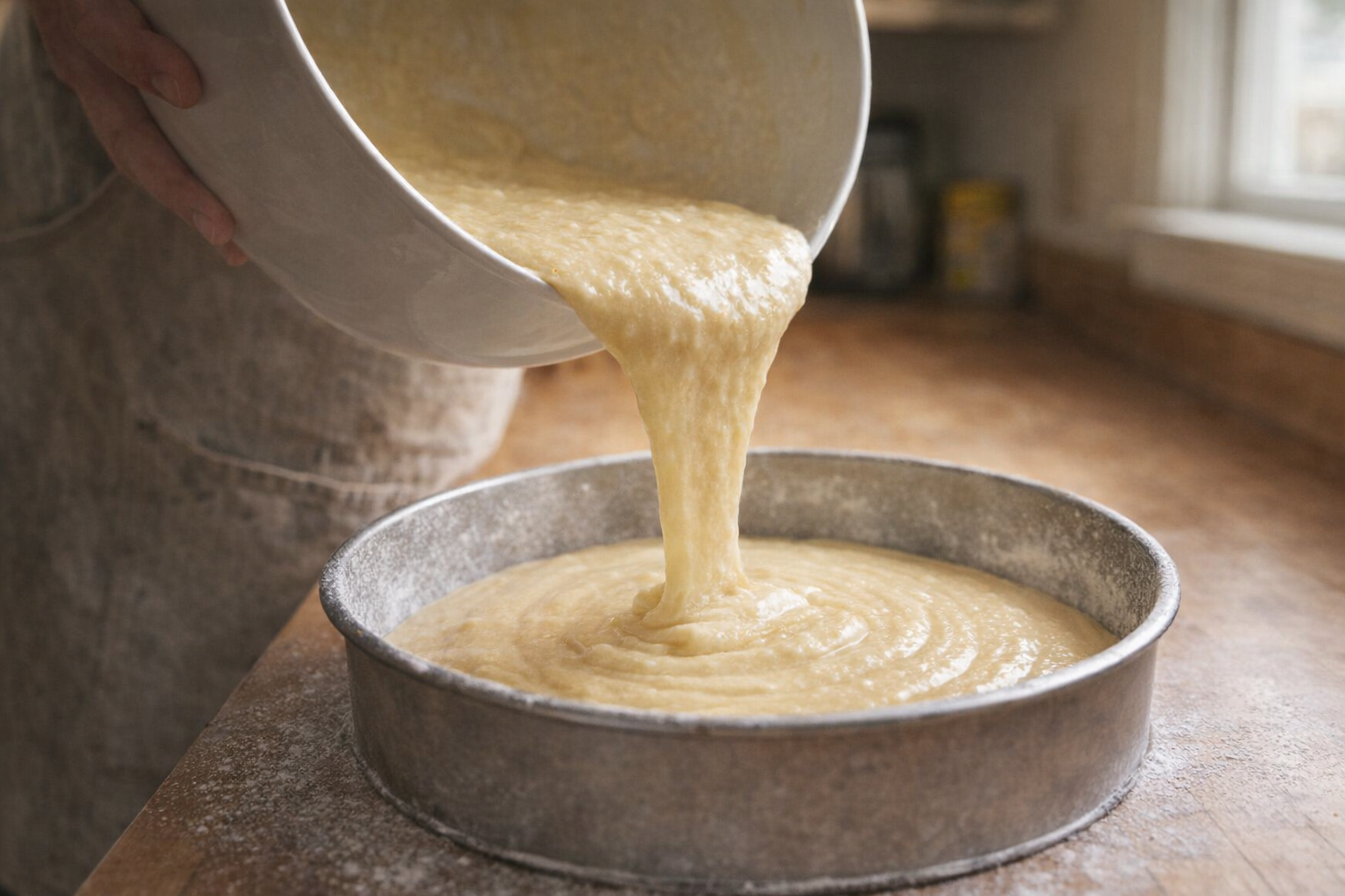 Cake batter being poured from a mixing bowl into a greased and floured cake pan, ready for baking.